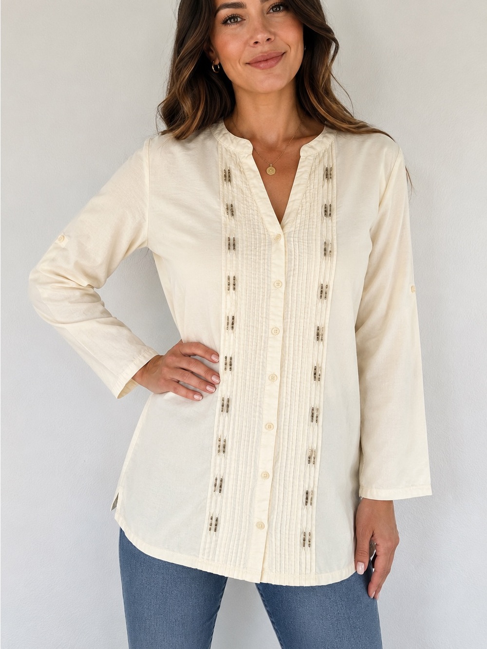 Coldwater Creek Cream Button-Front beaded tunic top size M 100% Cotton boho